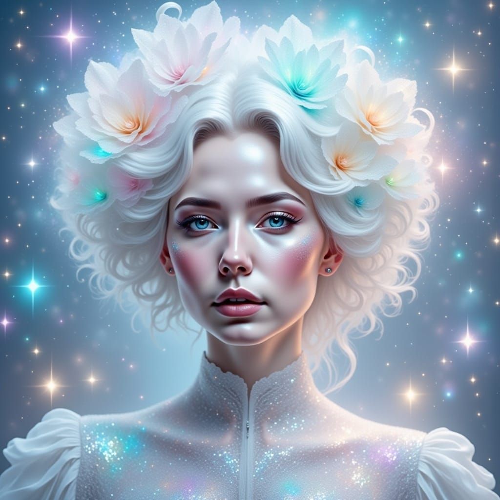 Woman with Luminous White Hair and 3D Lace Flowers