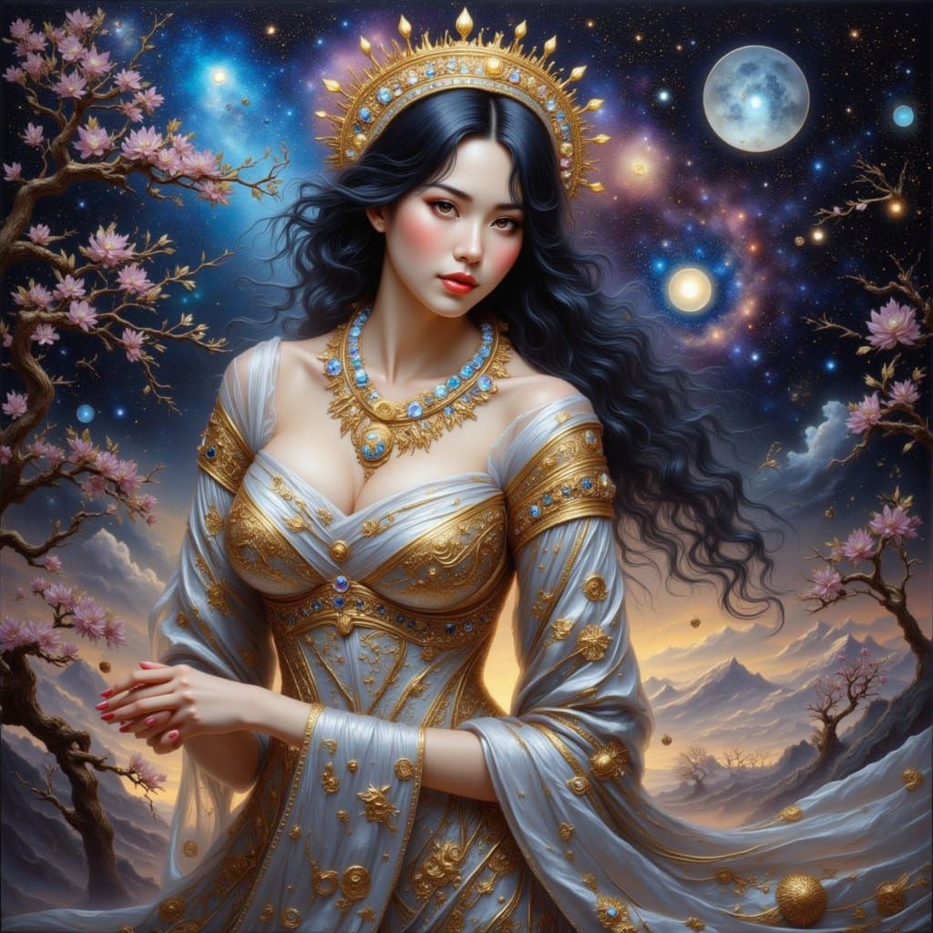 Celestial Goddess in Cosmic Sky as Oil Painting