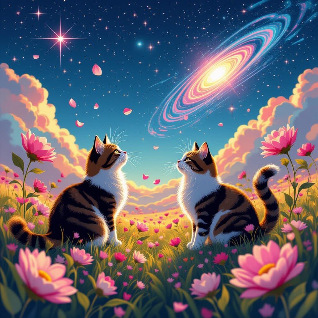 Cats Play in Klimt-Inspired Dreamscape with Comet Flowers