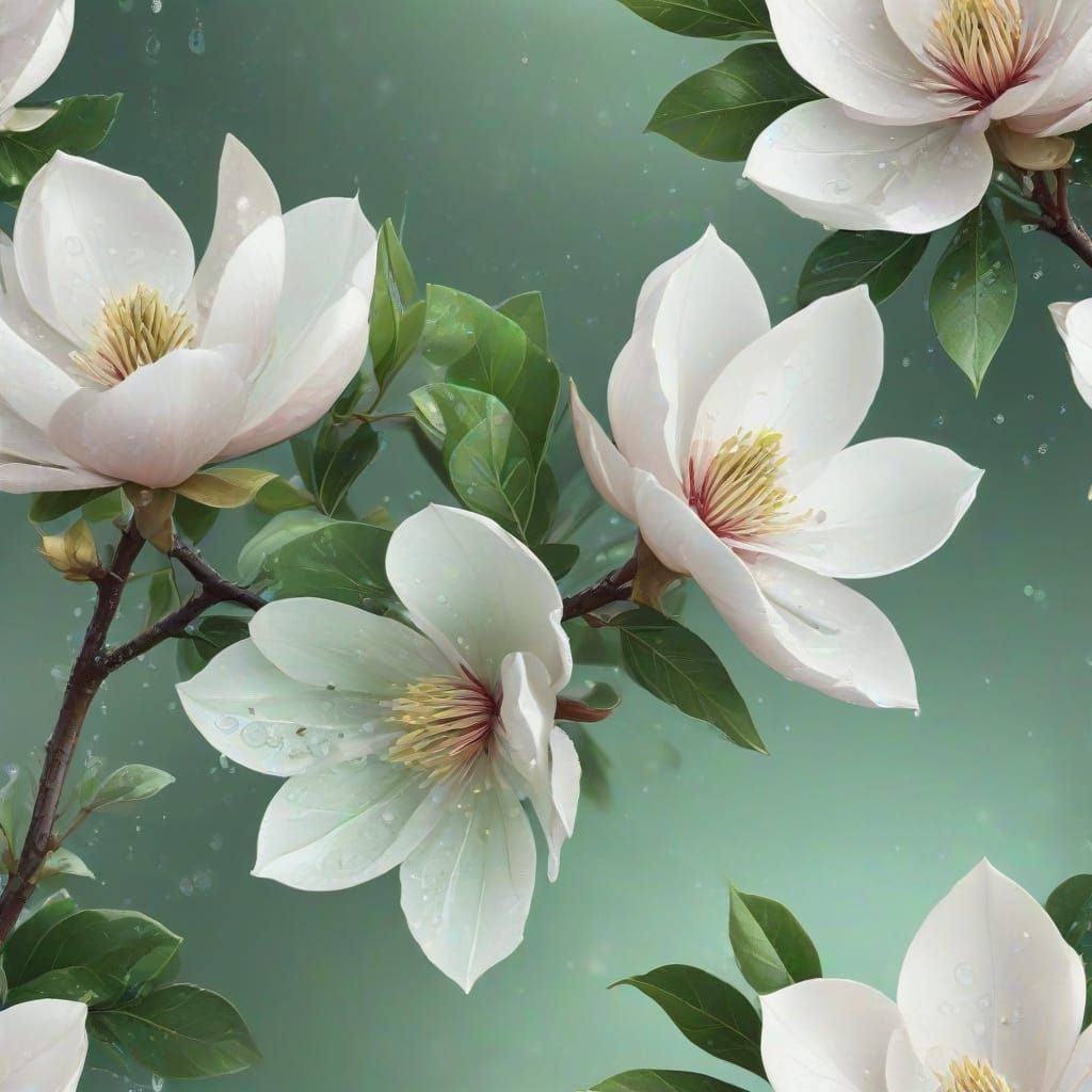 Fractal Magnolia Branch with Dew Drops in Digital Art