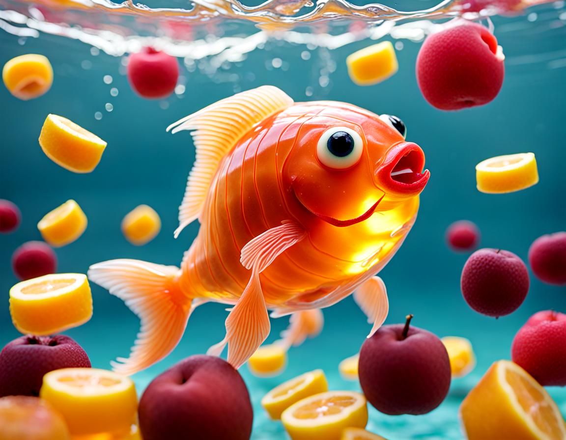 Fish Swim in Fruit Jelly Ocean Waves