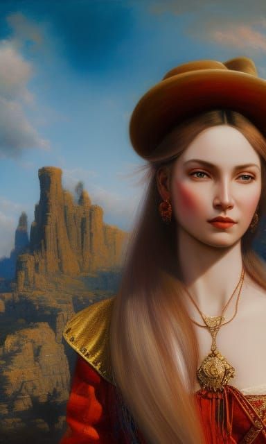 Red-Haired Cowgirl: Photorealistic Matte Painting in Vivid C...