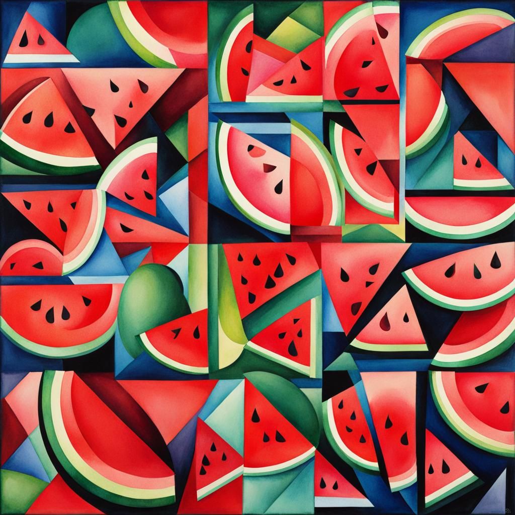 Watercolor Watermelon Pattern in Abstract Cubism Style