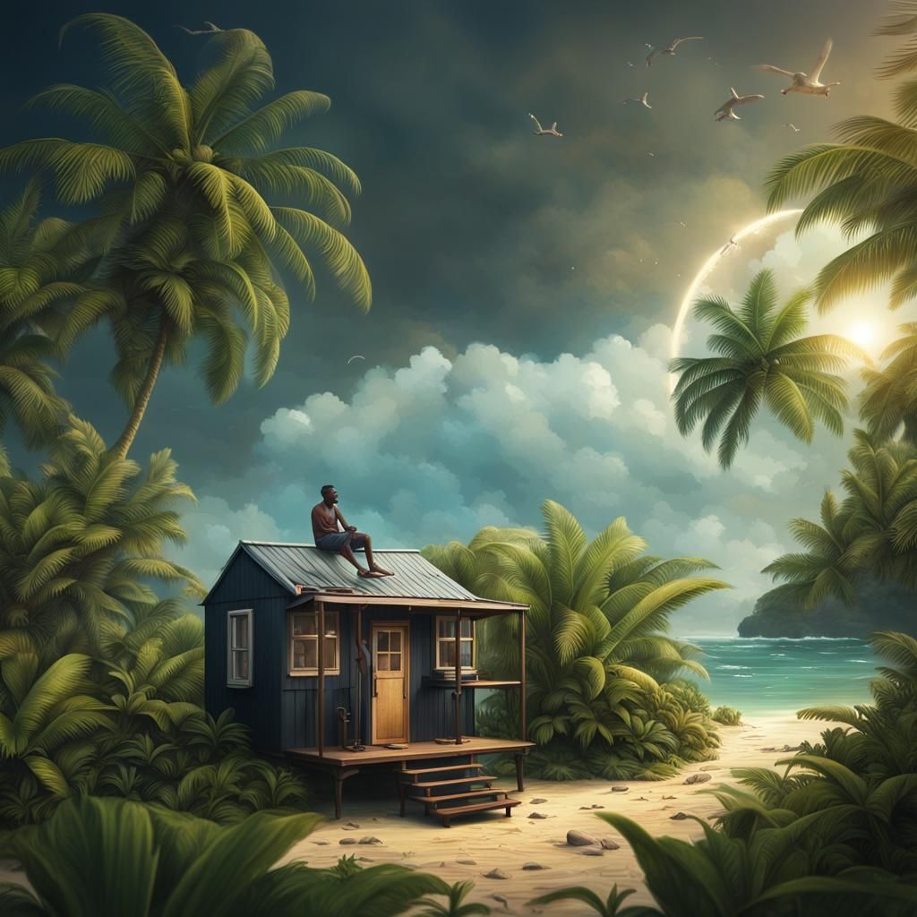Happy Man on Tropical Island: Digital Matte Painting