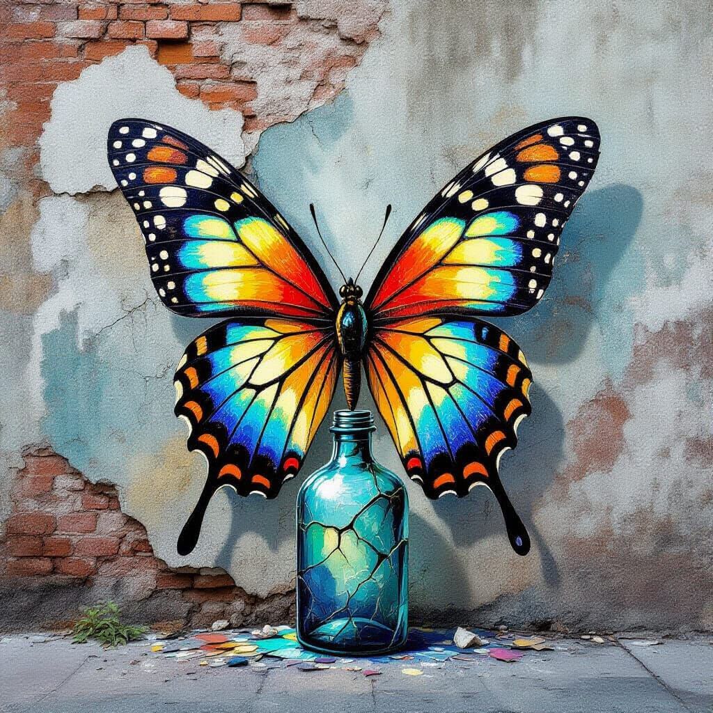 Graffiti Artist Creates Ethereal Butterfly Mural on Urban Wa...