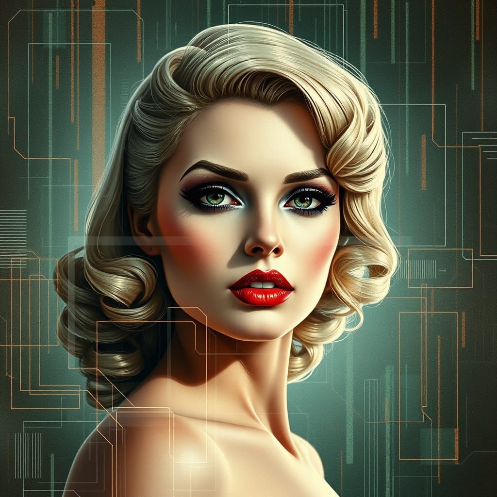 Sapphire-Eyed Pin-Up with Glitch Art Overlay