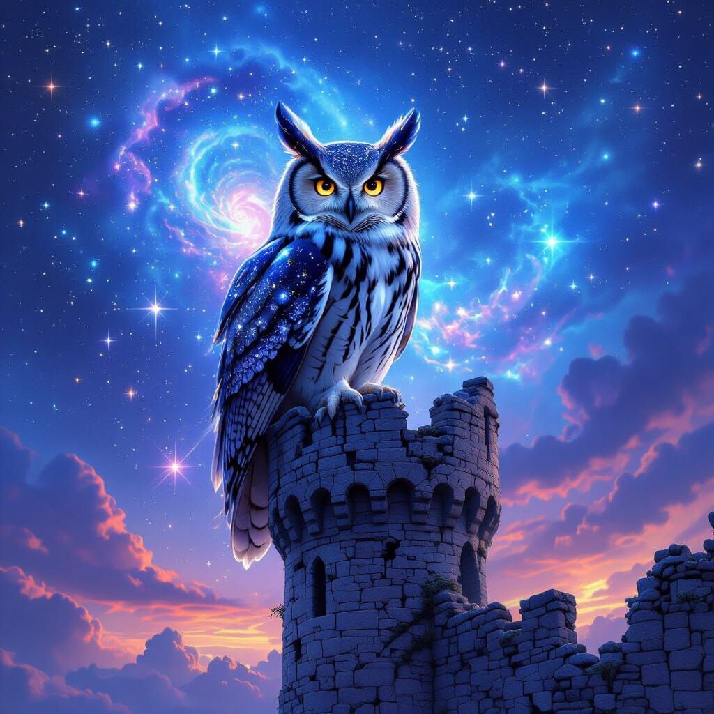 Majestic Owl on Ancient Castle Tower Under Nebula Sky
