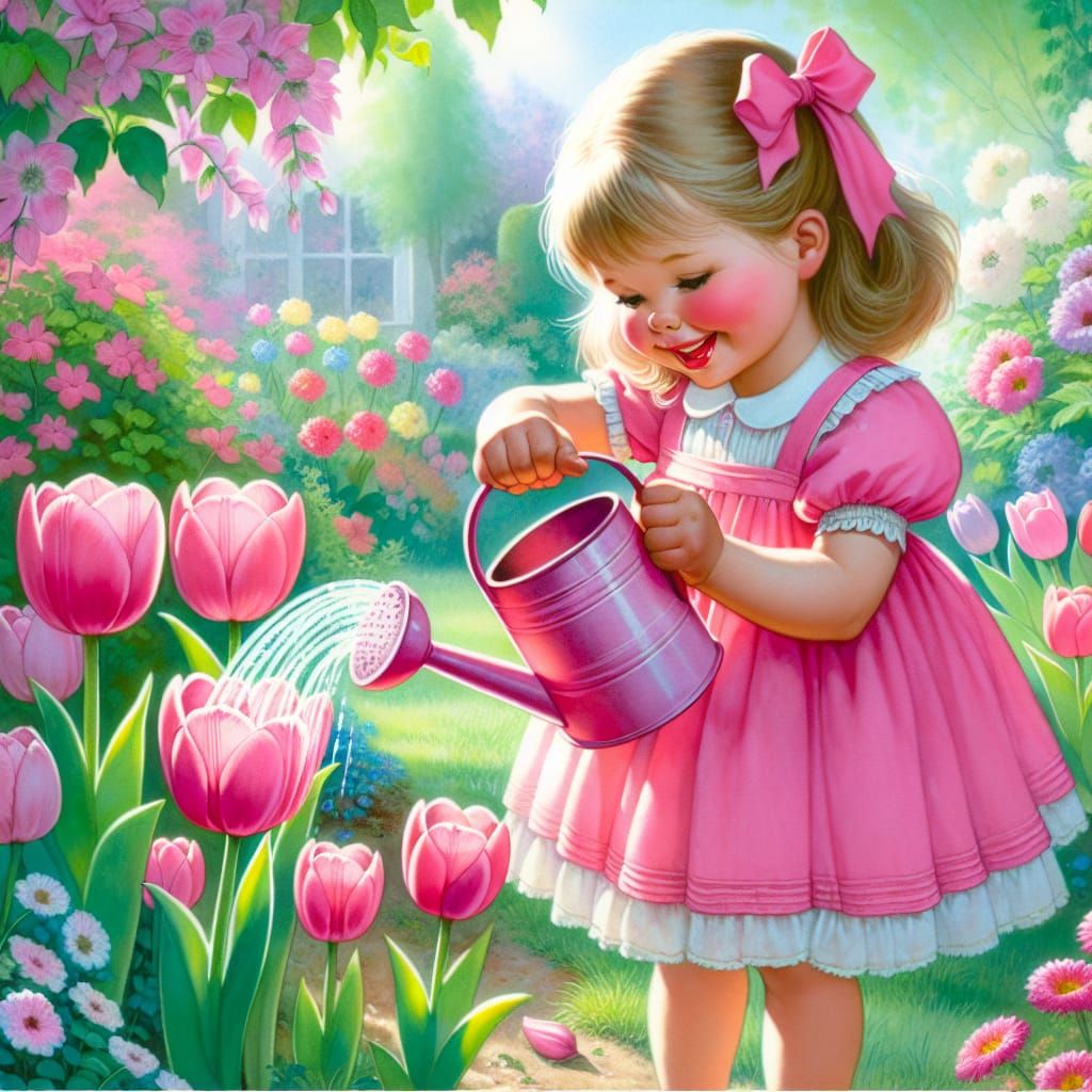 Girl Waters Tulips in Watercolor Style