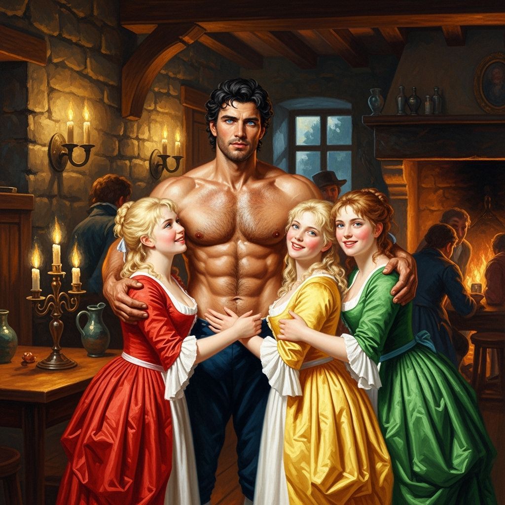 Gaston Embraces Three Women in Tavern Oil Painting