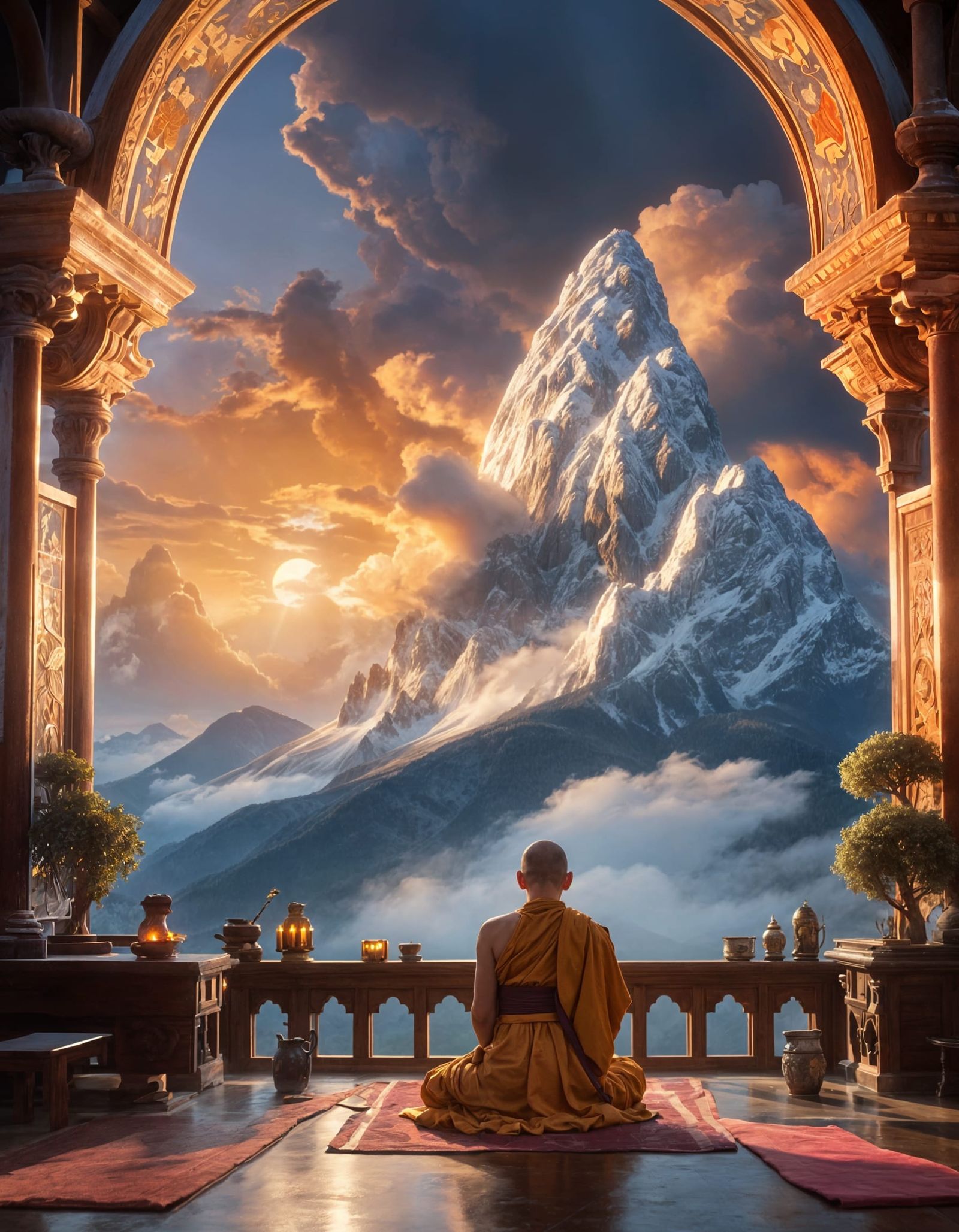 Serene Mountaintop Monastery at Sunset in Ghibli Style