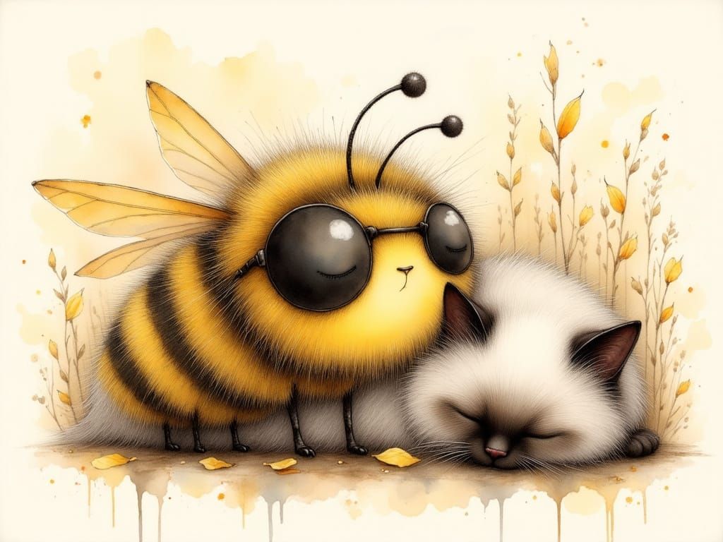 Bee Snoozing on Kitten in Storybook Style