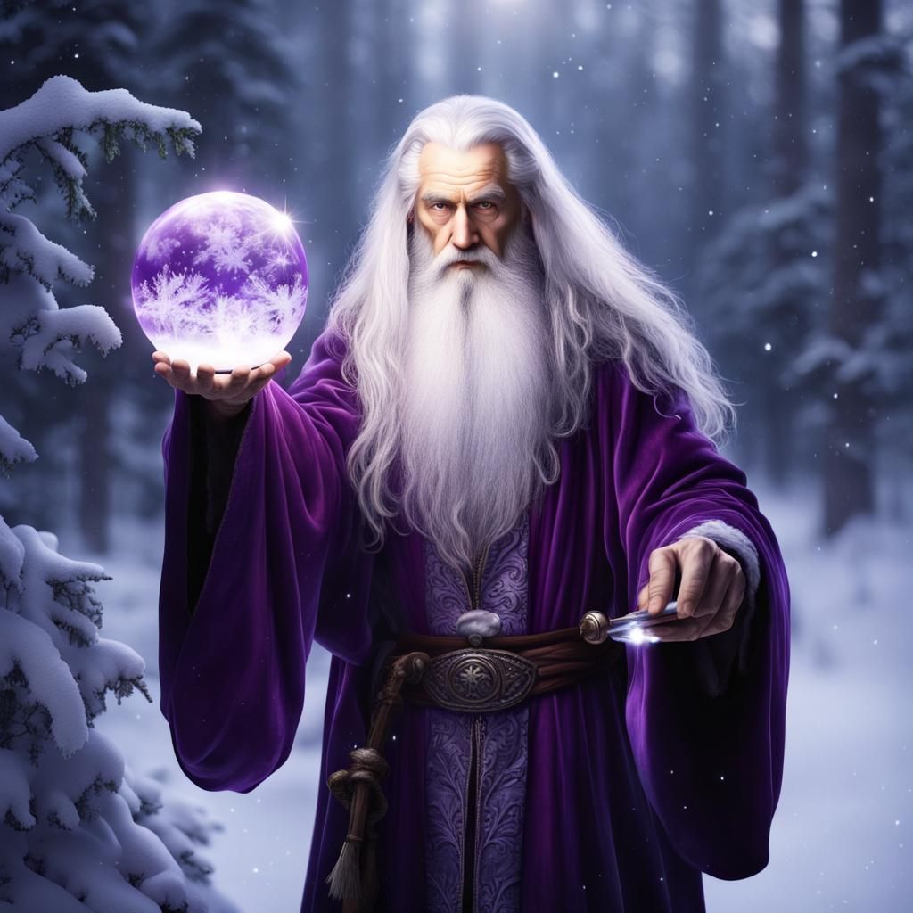 Majestic Wizard Freezing a Winter Landscape