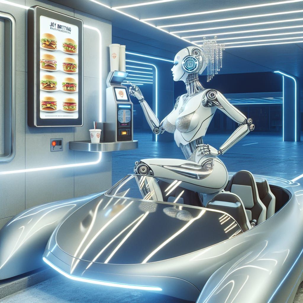 Roboter-Cyborg-Dame sitzt in einem Cabriolet-Spacemobil und ...