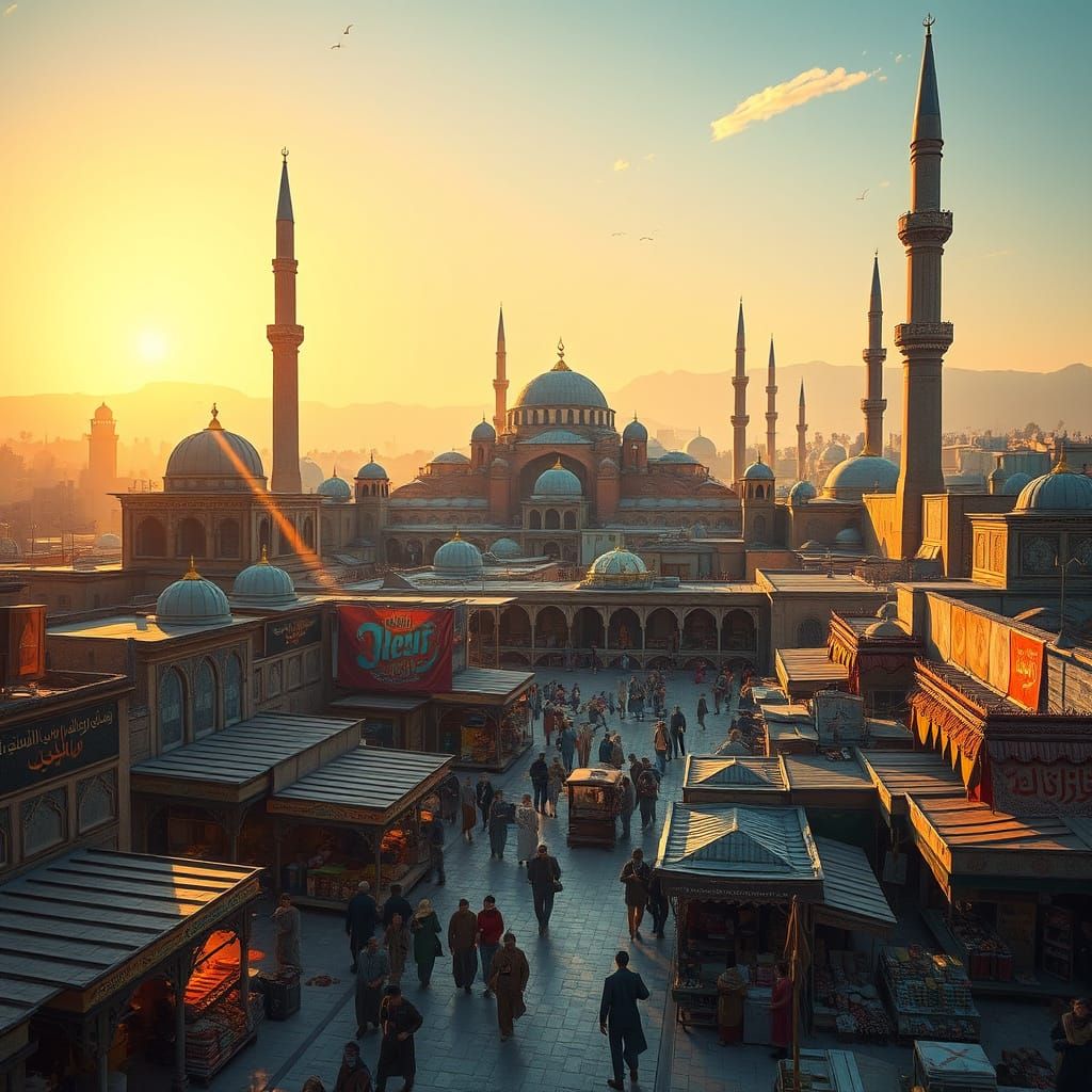 Bustling Medieval Islamic City in Golden Light