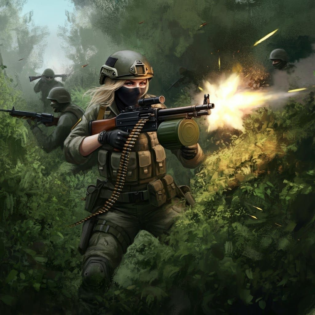 Female Freedom Fighter in War Zone, Photorealistic Style