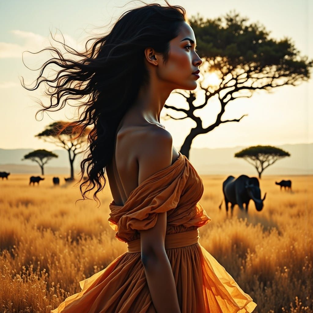 Woman and Savannah Landscape in Double Exposure