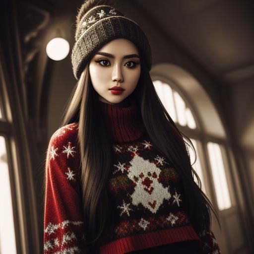 Girl in Christmas Sweater, Hyperrealistic Close-Up