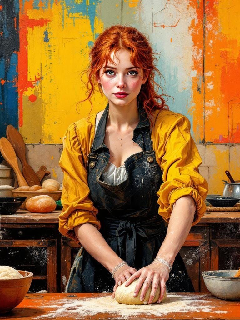 Redhead Baker Kneading Dough as Impasto Painting