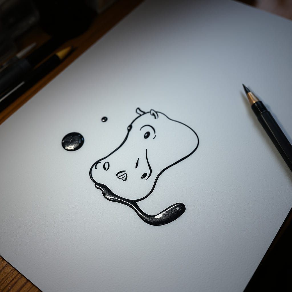 Surreal Line Sketch with Silhouette Hippopotamus