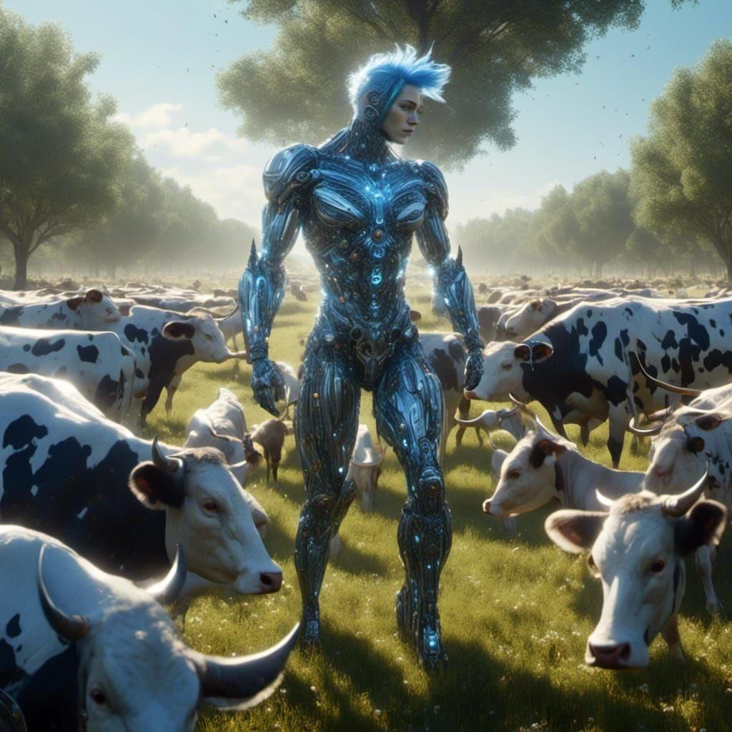 Hyperrealistic Android in Sunny Cow Meadow
