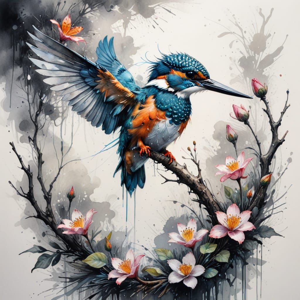 Kingfisher on Lilypond in Charcoal and Watercolour Style