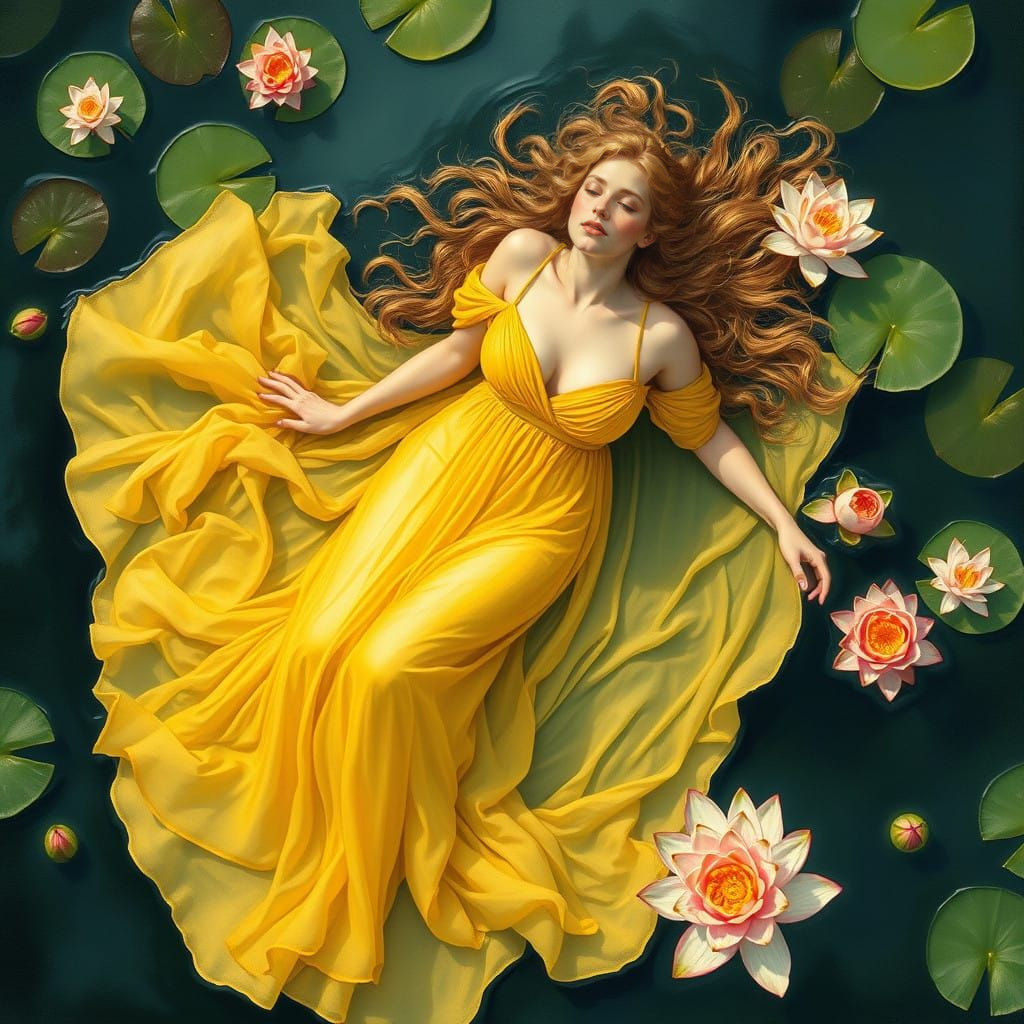 Golden Goddess on Pond in Pre-Raphaelite Style