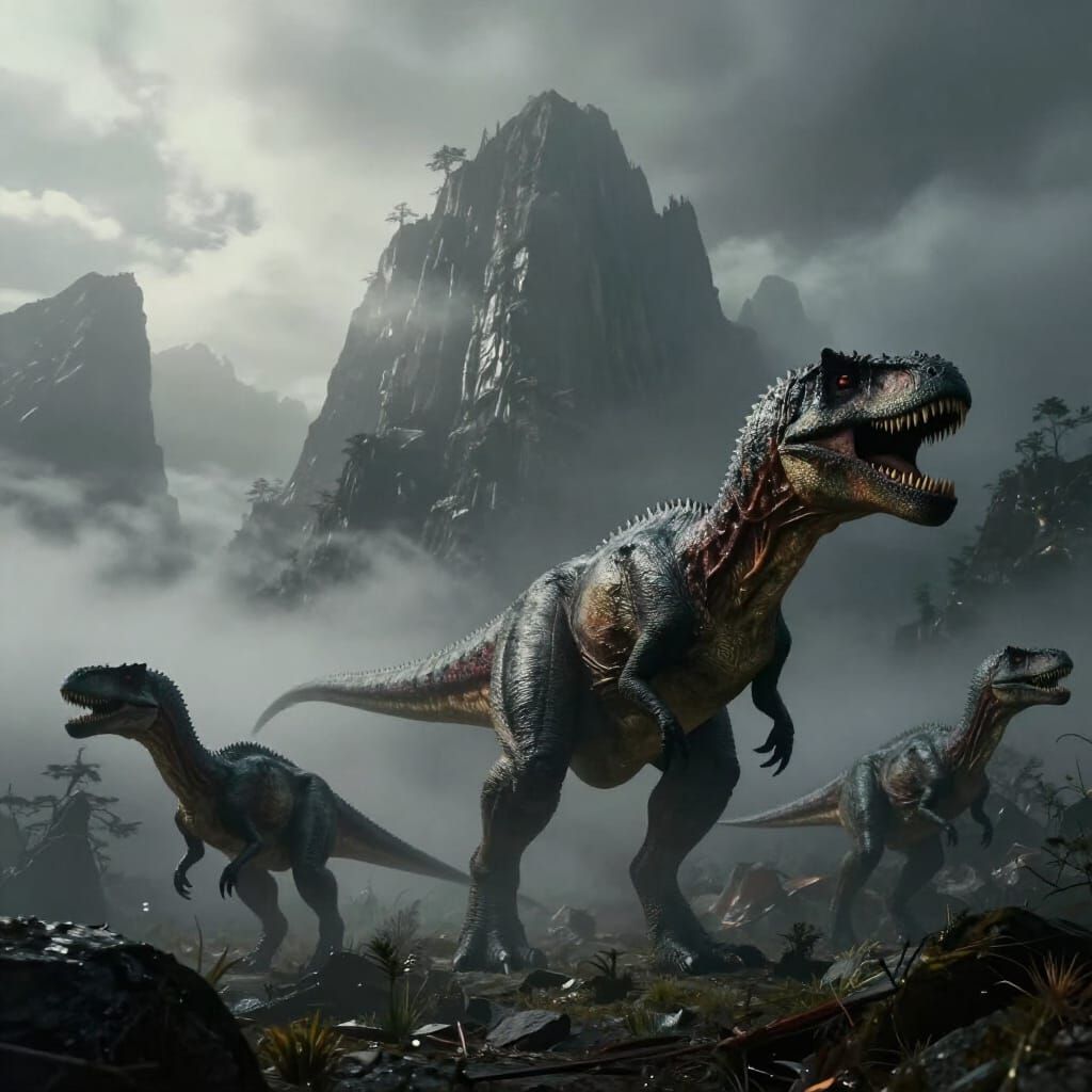 Misty Mountain Dinosaurs in Hyperrealistic Style