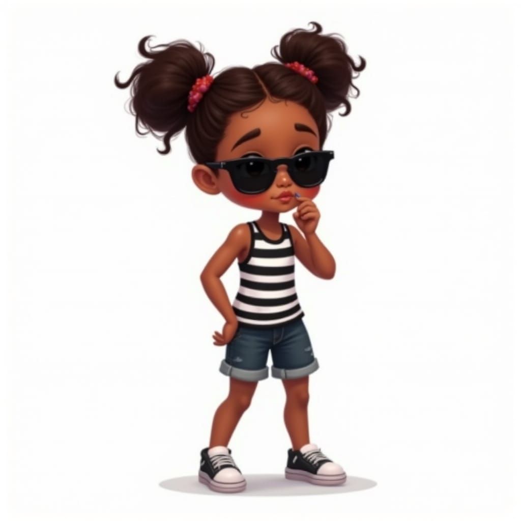 Cute Little Black Girl with Brown Hair in Thoughtful Pose