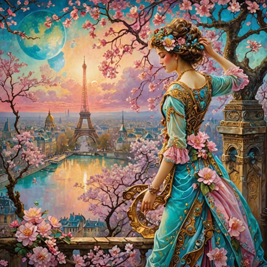 Paris in Art Nouveau Style with Pink Skies
