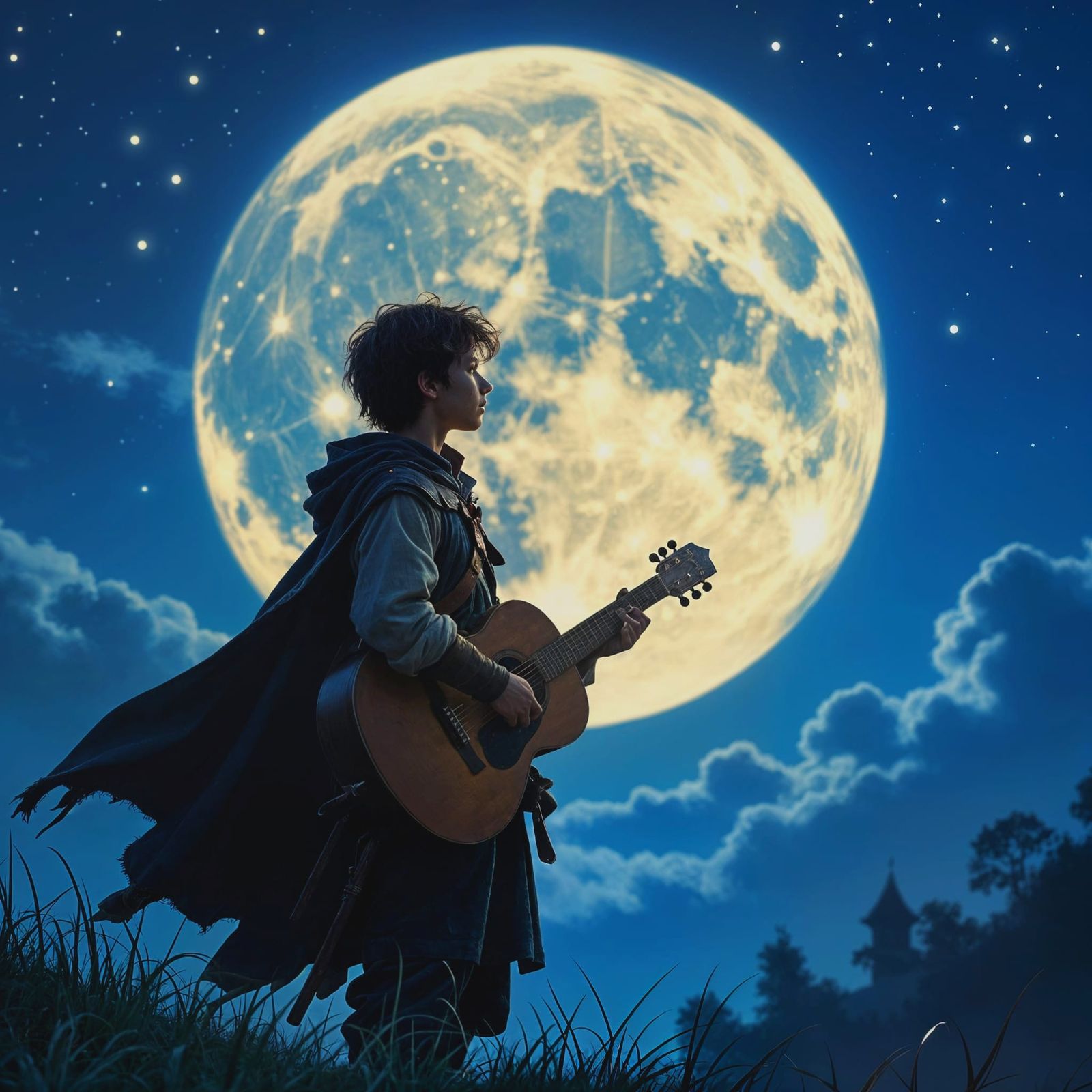 Boy Bard's Fantasy Adventure Under Moonlight