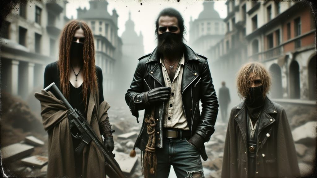 Post-Apocalyptic Adventurers in Ruined Cityscape