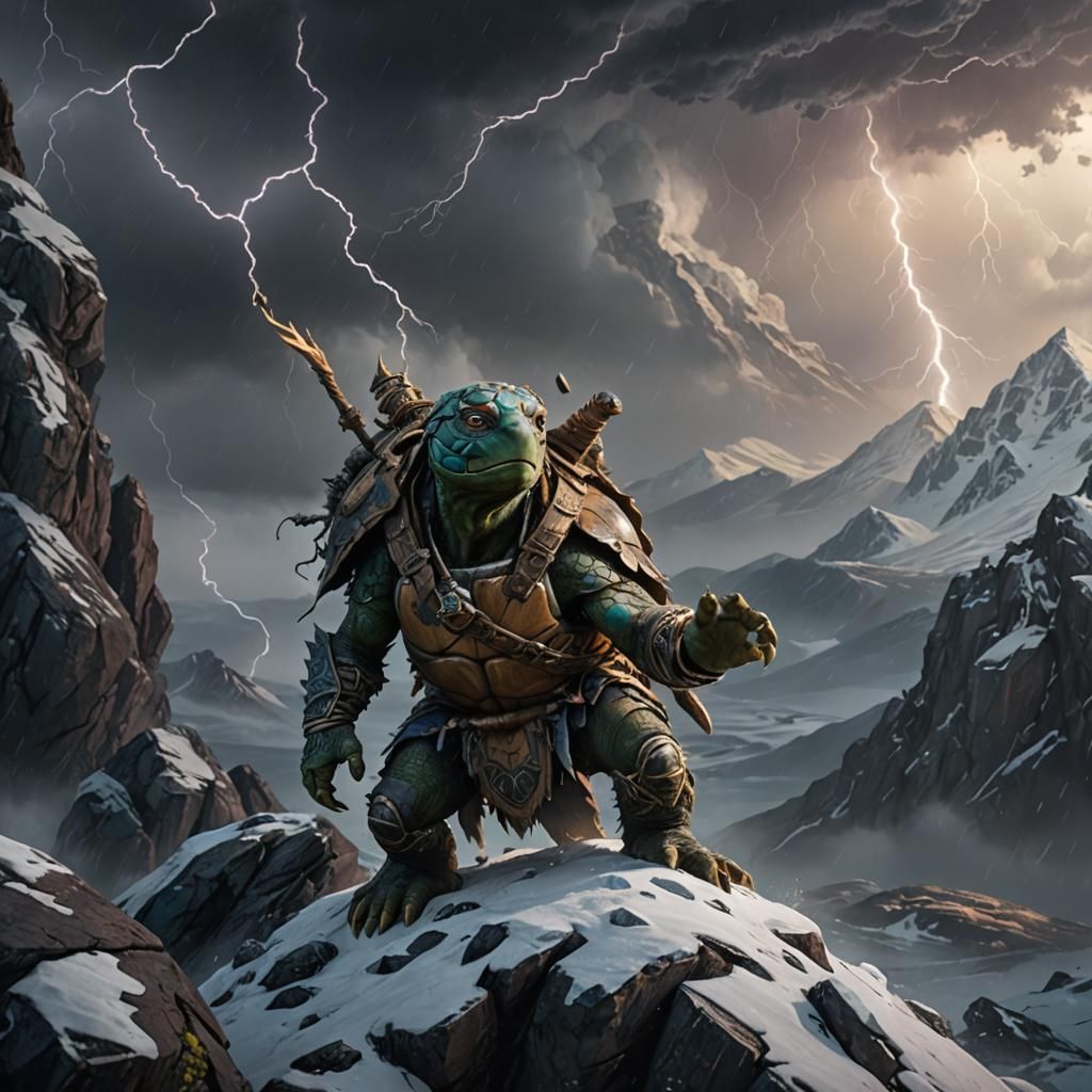 Tortle Druid Climbs Arctic Mountain, Digital Art
