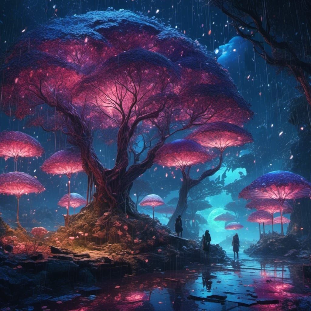 Umbrella Trees in Blue Moonlight: Fantasy Concept Art