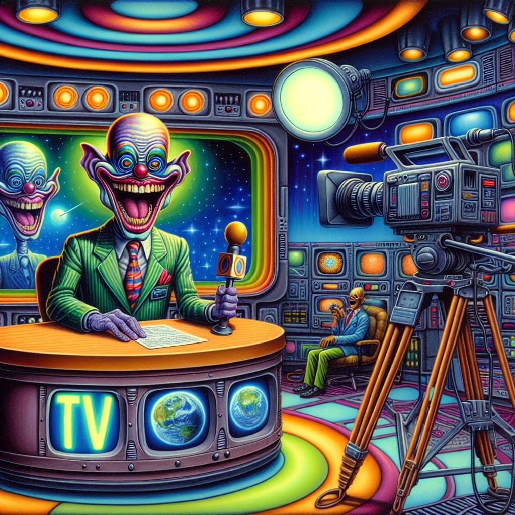 Surreal Alien News Anchor in a Psychedelic TV Studio