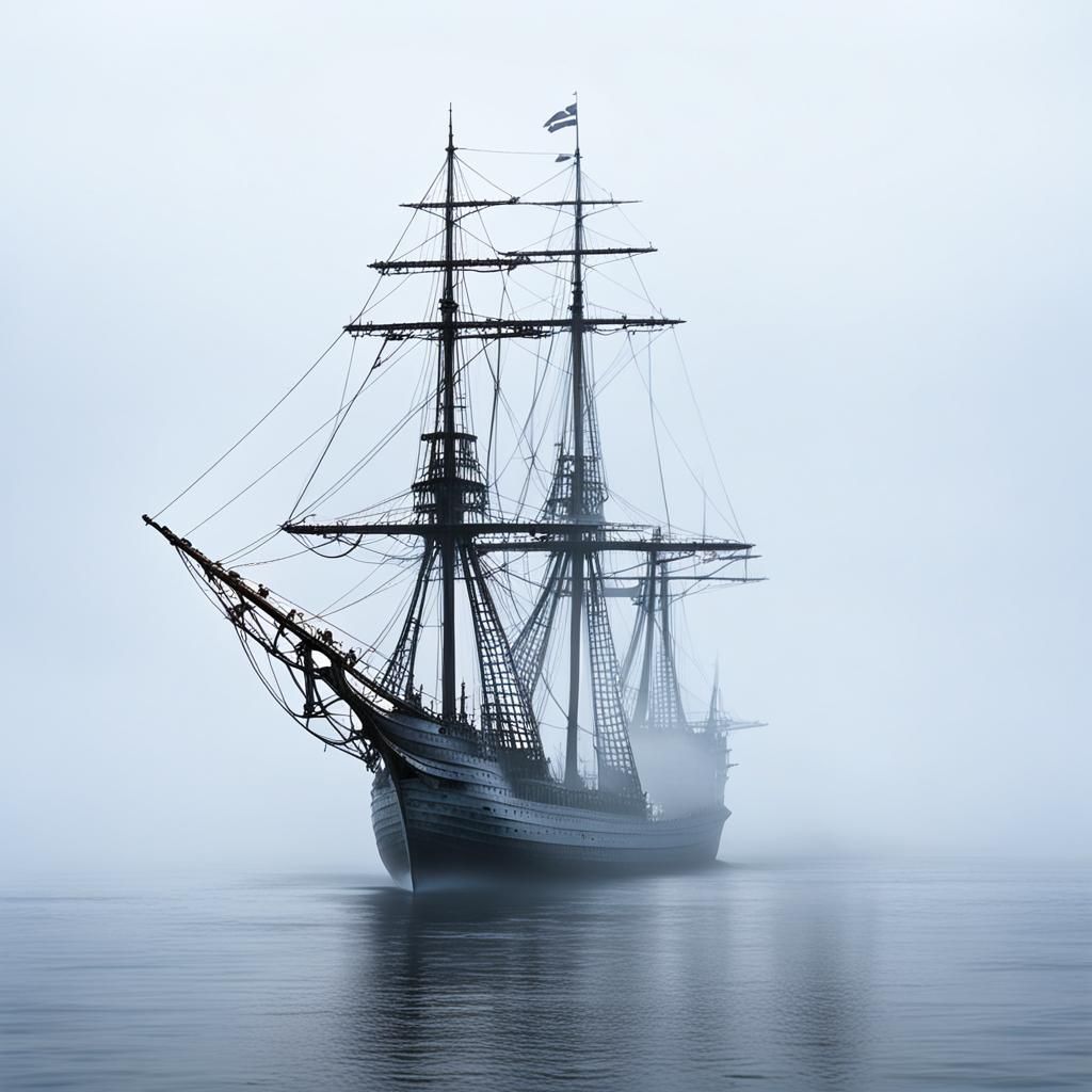 Skeleton Ship Sailing into Fog