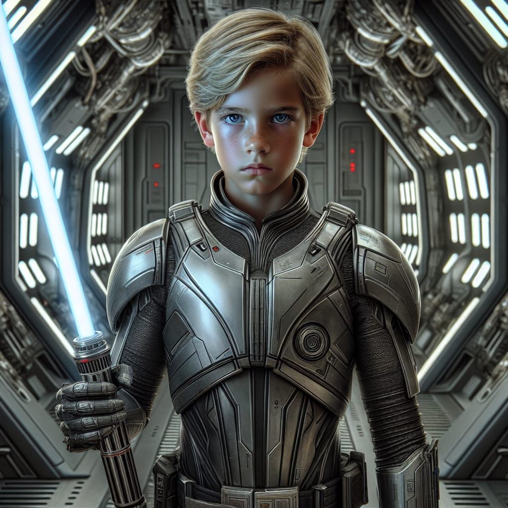A young Caucasian boy with blond hair dons meticulously detailed futuristic soldier armor, as he braces a high-tech ener...