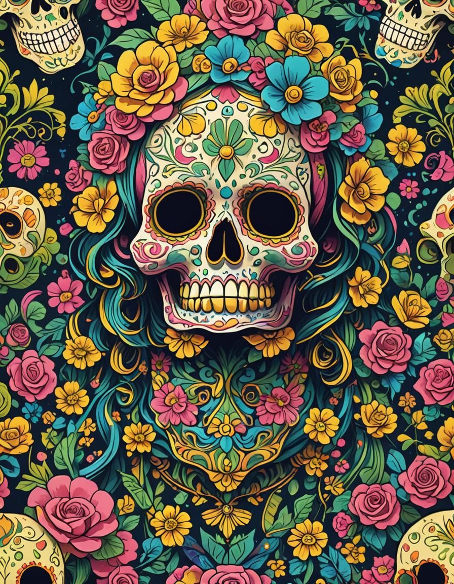 Colorful Dia de los Muertos Sugar Skull in Anime Style