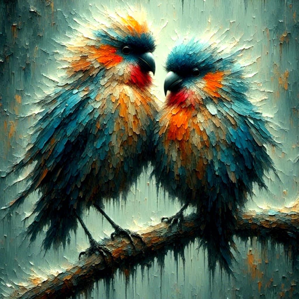 Fluffy Love Birds in the Rain, Glowing Impressionistic Style