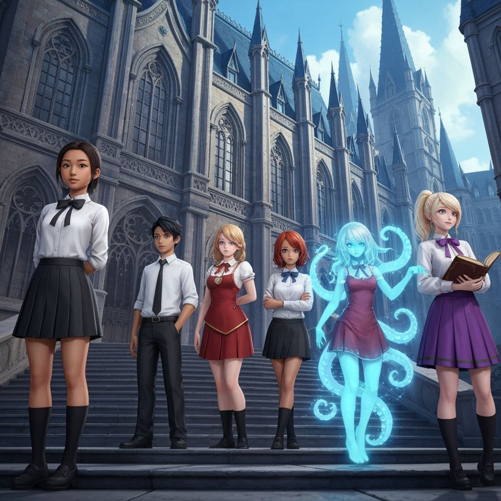 Diverse Magic School Students Before Grand Arcane Academy