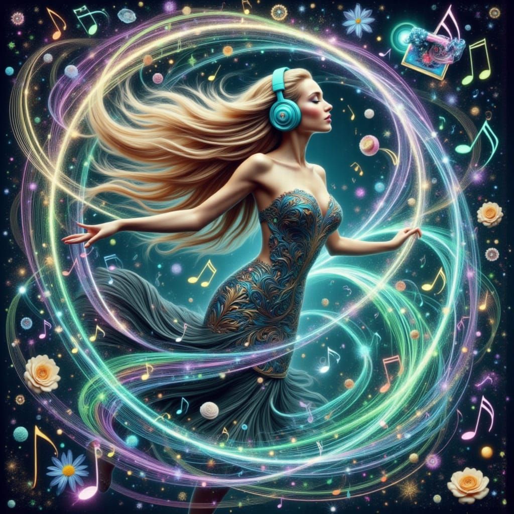 Ethereal Woman Swirling in Vibrant Sound Waves
