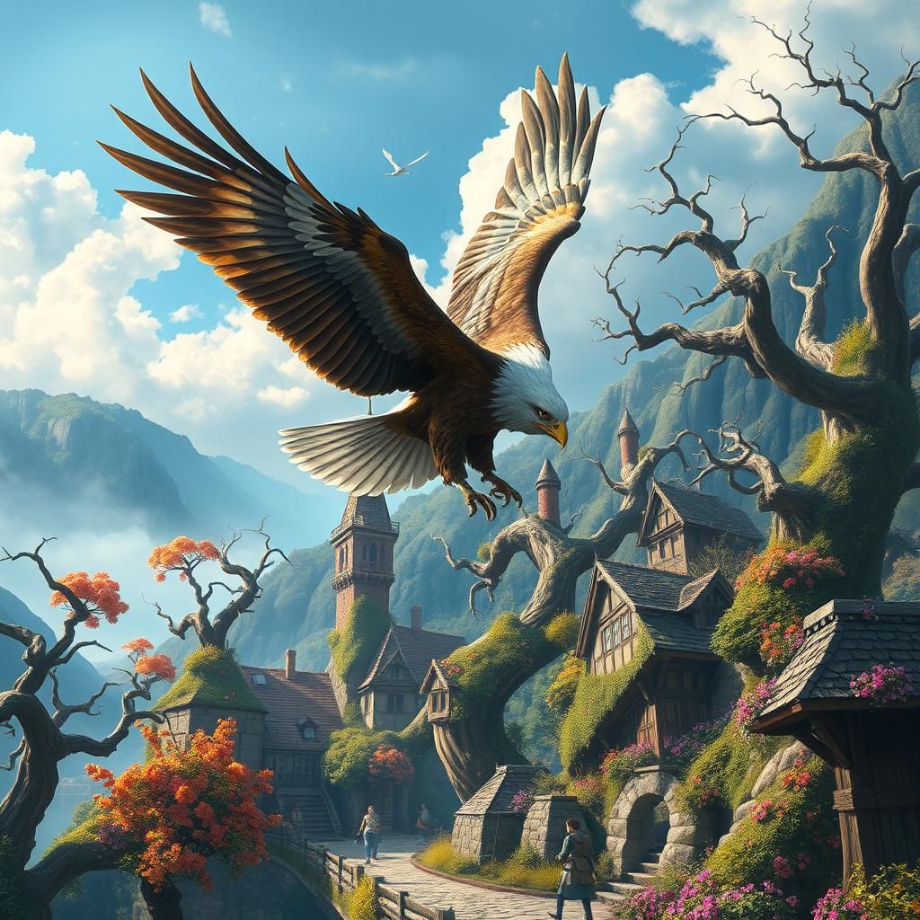 Majestic Eagle Soaring Over Medieval Village, Watercolor Sty...