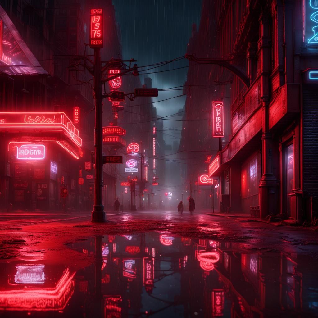Neon Reflections in Rainy Entertainment District