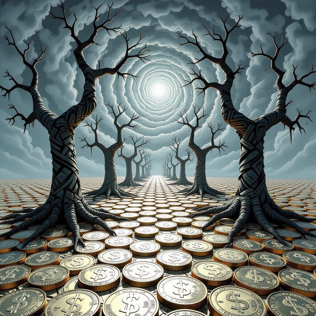 Junji Ito Inspired Coin Landscape with Money Trees