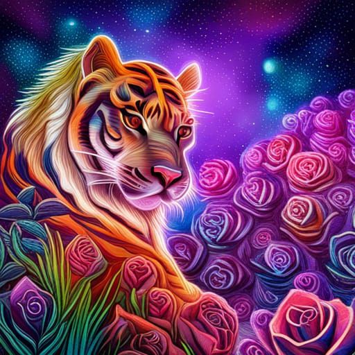 Purple Tiger with Roses: Cosmic Holographic Illustration