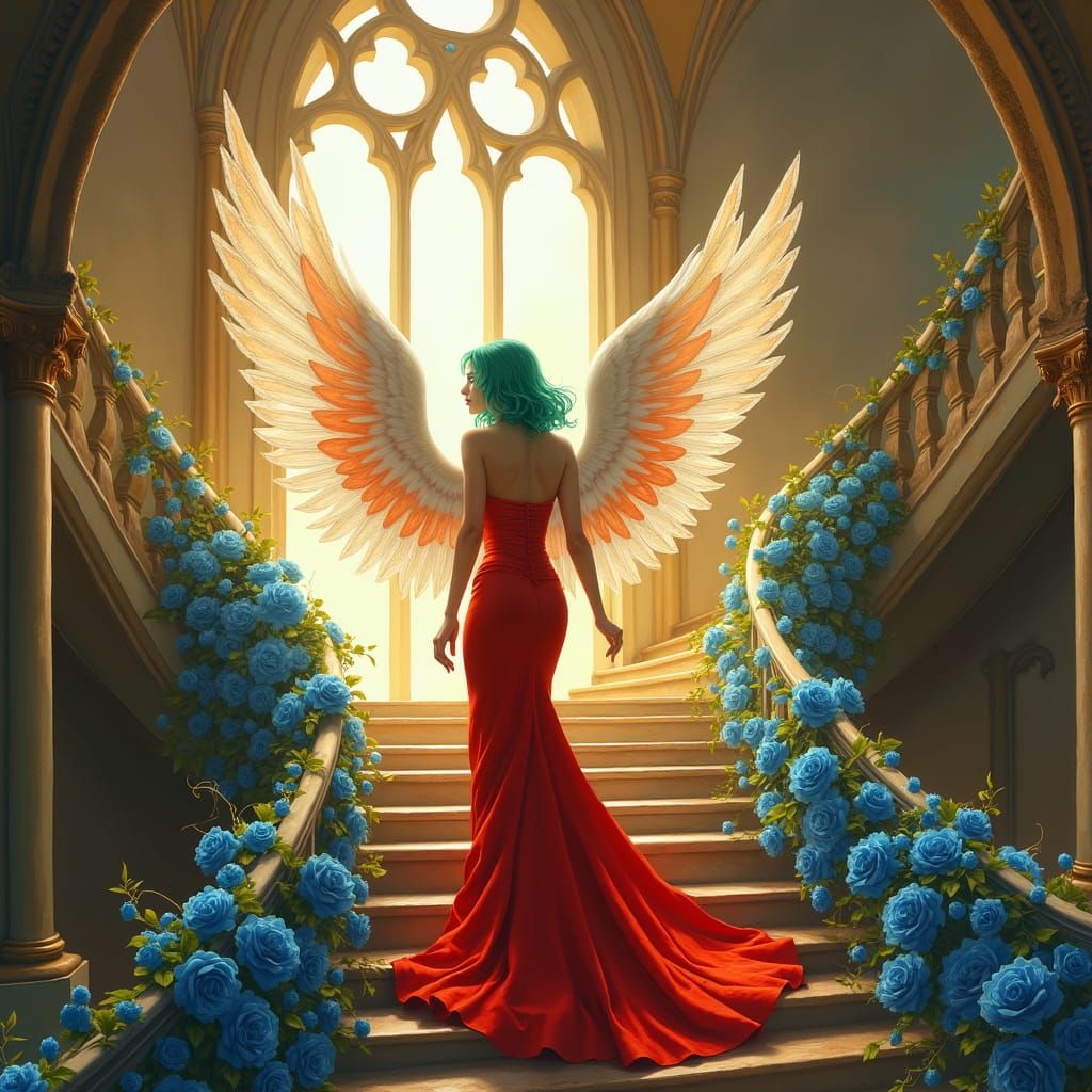 Serene Angel Ascends in Elegant Evening Gown Amidst Blue Ros...