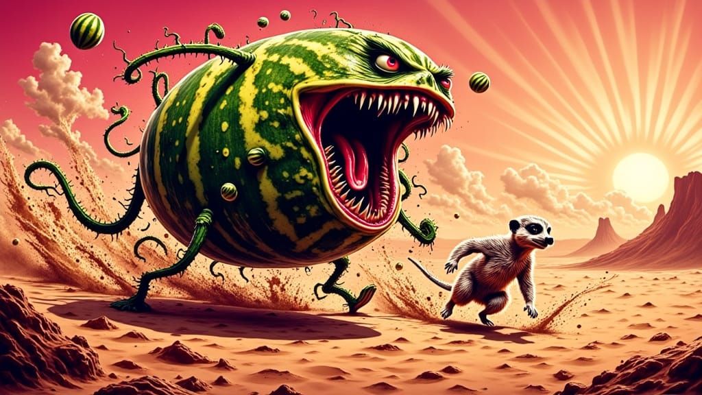 Furious Watermelon Unleashes Fury on Surreal Desert Landscap...