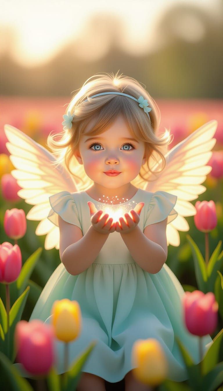 Toddler Angel in Tulip Field at Golden Hour