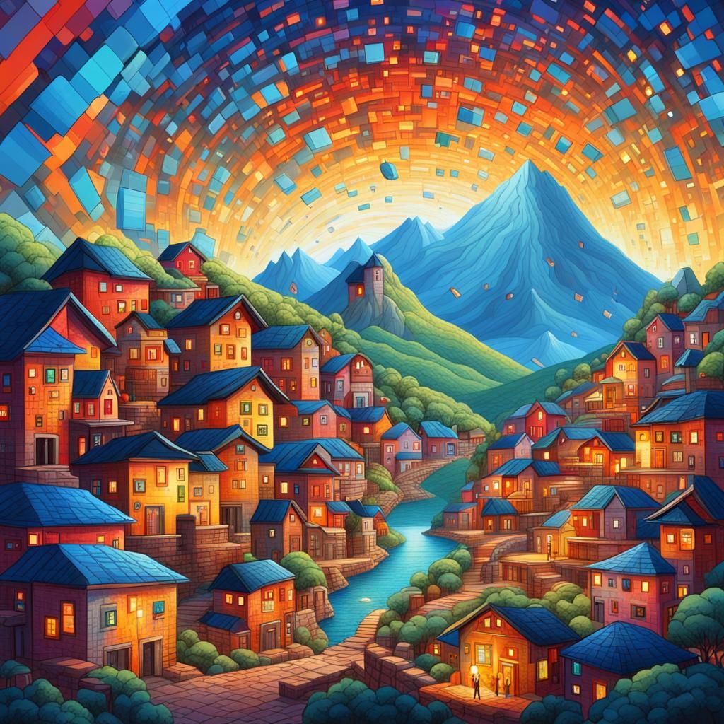 Colorful Futuristic Village in Binary Code Dream