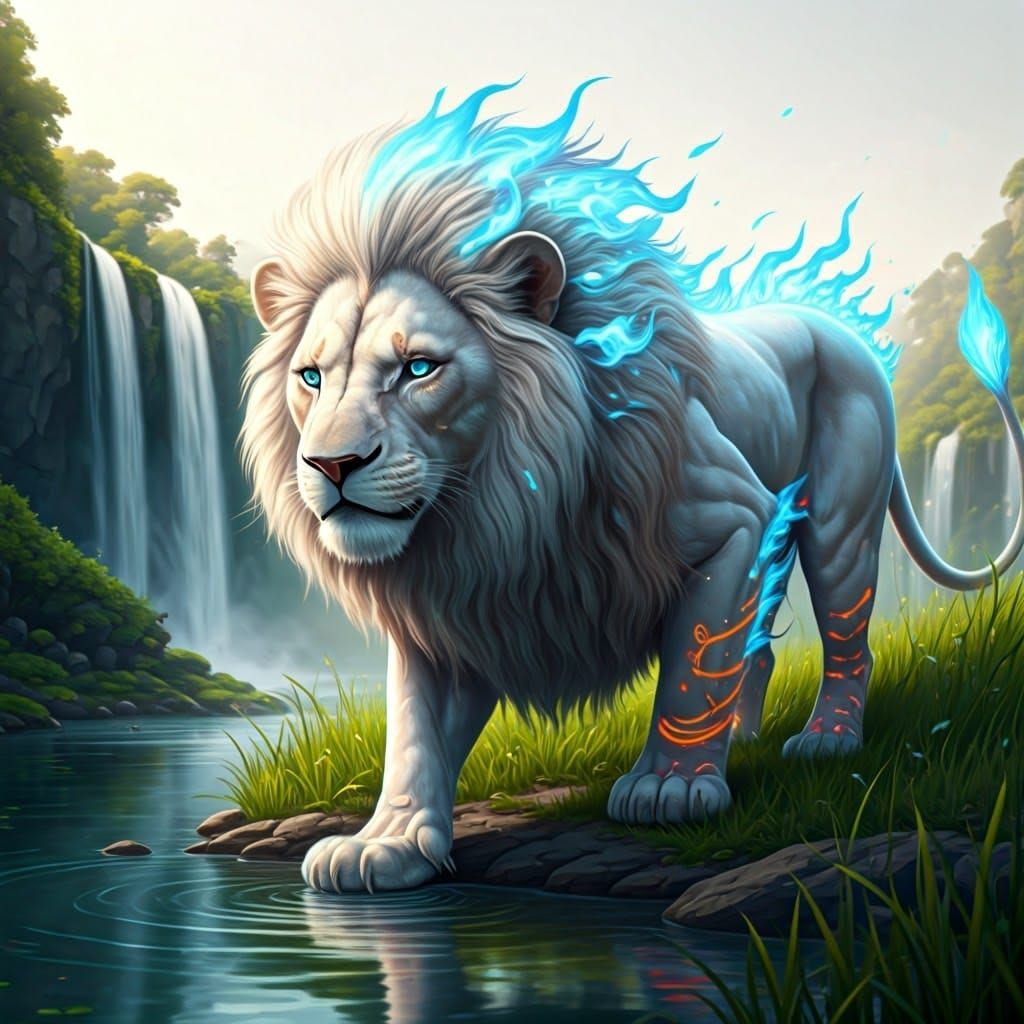 White Lion Drinks at Lake in Cyberpunk Style