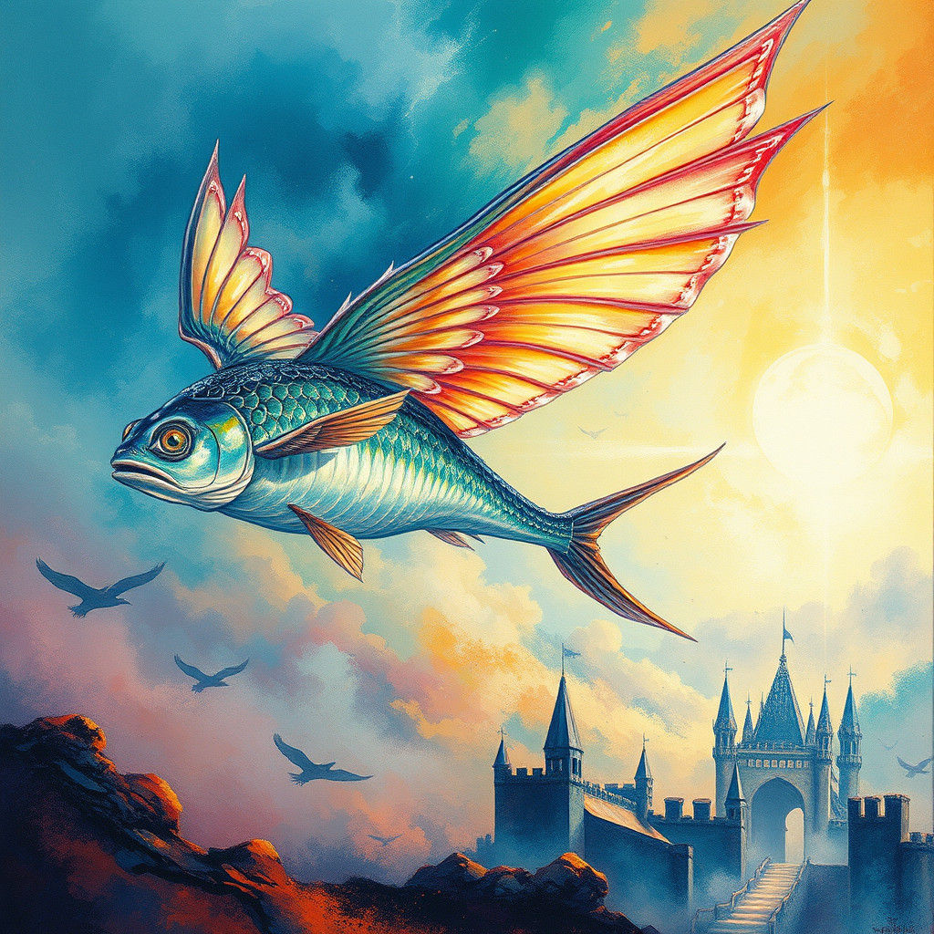 Majestic Sky Fish Soaring in Impasto Dreamscape